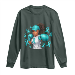 Black Women Fight Sexual Assault Awareness Long Sleeve Shirt African American Teal Ribbon Support TS10 Dark Forest Green Print Your Wear