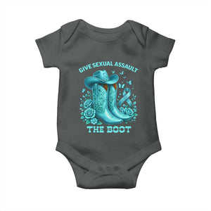 Give Sexual Assault The Boot Baby Onesie Cowgirl Awareness Month Teal Ribbon Support TS10 Dark Heather Print Your Wear