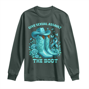 Give Sexual Assault The Boot Long Sleeve Shirt Cowgirl Awareness Month Teal Ribbon Support TS10 Dark Forest Green Print Your Wear