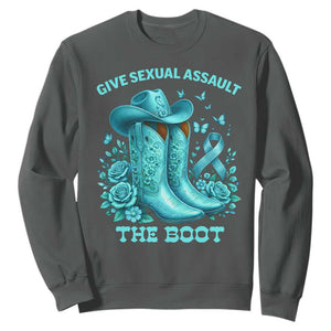Give Sexual Assault The Boot Sweatshirt Cowgirl Awareness Month Teal Ribbon Support TS10 Dark Heather Print Your Wear