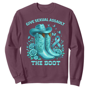 Give Sexual Assault The Boot Sweatshirt Cowgirl Awareness Month Teal Ribbon Support TS10 Maroon Print Your Wear