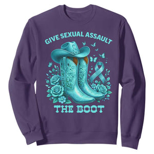 Give Sexual Assault The Boot Sweatshirt Cowgirl Awareness Month Teal Ribbon Support TS10 Purple Print Your Wear