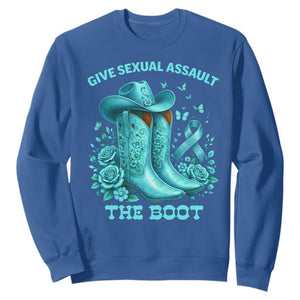 Give Sexual Assault The Boot Sweatshirt Cowgirl Awareness Month Teal Ribbon Support TS10 Royal Blue Print Your Wear