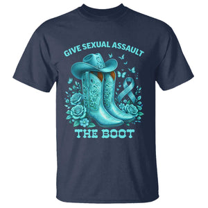 Give Sexual Assault The Boot T Shirt Cowgirl Awareness Month Teal Ribbon Support TS10 Navy Print Your Wear