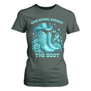 Give Sexual Assault The Boot T Shirt For Women Cowgirl Awareness Month Teal Ribbon Support TS10 Dark Forest Green Print Your Wear