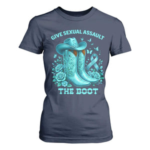 Give Sexual Assault The Boot T Shirt For Women Cowgirl Awareness Month Teal Ribbon Support TS10 Navy Print Your Wear
