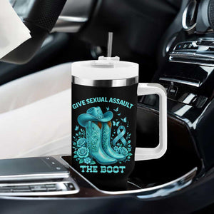 Give Sexual Assault The Boot Tumbler With Handle Cowgirl Awareness Month Teal Ribbon Support TS10 Print Your Wear
