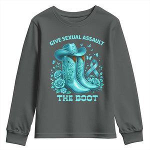 Give Sexual Assault The Boot Youth Sweatshirt Cowgirl Awareness Month Teal Ribbon Support TS10 Dark Heather Print Your Wear