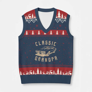 Funny Grandpa Classic Car Graphic V-Neck Knit Sweater Vest TS10 Navy Red Print Your Wear