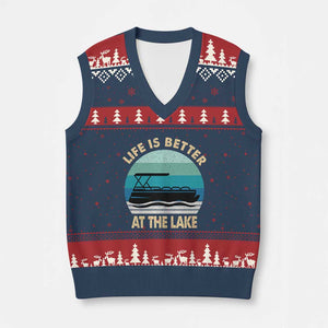 Funny Lake Life V-Neck Knit Sweater Vest Vintage Life is Better at The Lake Pontoon Boat TS10 Navy Red Print Your Wear