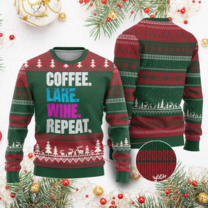 Funny Lake Life Ugly Christmas Sweater Coffee Lake Wine Repeat TS10 Red Green Print Your Wear
