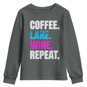 Funny Lake Life Youth Sweatshirt Coffee Lake Wine Repeat TS10 Dark Heather Print Your Wear