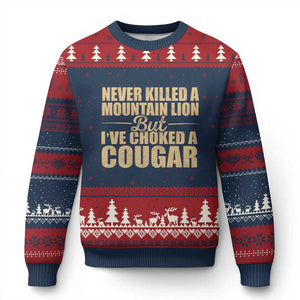 Funny Never Killed A Mountain Lion But Ive Choked A Cougar Ugly Christmas Sweater Funny Boyfriend Anniversary Gift For Couple TS10 Navy Red Print Your Wear