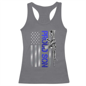 Proud Son of a Police Dad Racerback Tank Top Gun American Flag Family Support
