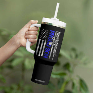 Proud Son of a Police Dad Tumbler With Handle Gun American Flag Family Support