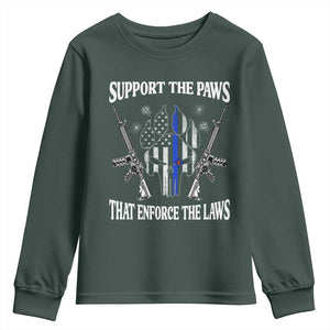 Police K9 Youth Sweatshirt Support The Paws That Enforce The Laws American Flag TS10 Dark Forest Green Print Your Wear