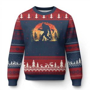 Bigfoot Fishing Ugly Christmas Sweater Funny Retro Sasquatch Fisherman Dad TS10 Navy Red Print Your Wear