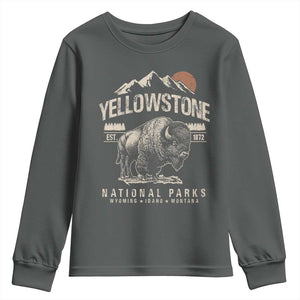 Vintage Yellowstone National Park Youth Sweatshirt Retro Bison Nature Wildlife Forest TS10 Dark Heather Print Your Wear