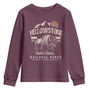 Vintage Yellowstone National Park Youth Sweatshirt Retro Bison Nature Wildlife Forest TS10 Maroon Print Your Wear