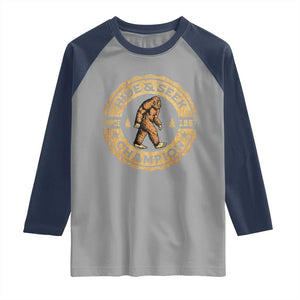 Retro Bigfoot Believer Raglan Shirt Undefeated Sasquatch Hide And Seek Cryptozoology TS10 Sport Gray Navy Print Your Wear