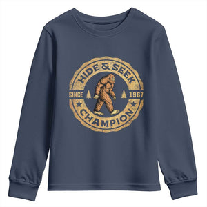Retro Bigfoot Believer Youth Sweatshirt Undefeated Sasquatch Hide And Seek Cryptozoology TS10 Navy Print Your Wear