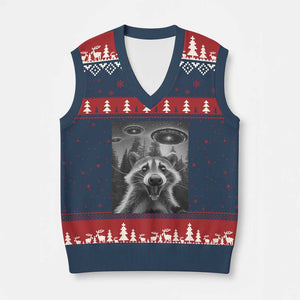 Racoon Meme V-Neck Knit Sweater Vest Selfie With Alien UFO TS10 Navy Red Print Your Wear