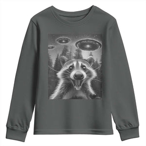 Racoon Meme Youth Sweatshirt Selfie With Alien UFO TS10 Dark Heather Print Your Wear