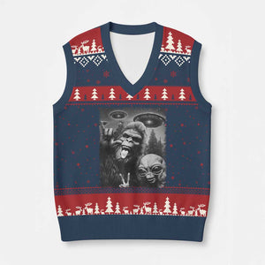 Bigfoot Selfie With Alien V-Neck Knit Sweater Vest UFO Funny Sasquatch Rock On Hand Sign TS10 Navy Red Print Your Wear