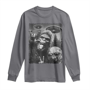 Bigfoot Selfie With Alien Long Sleeve Shirt UFO Funny Sasquatch Rock On Hand Sign TS10 Charcoal Print Your Wear