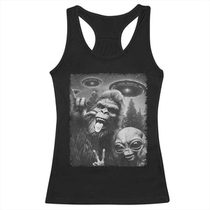 Bigfoot Selfie With Alien Racerback Tank Top UFO Funny Sasquatch Rock On Hand Sign - Print Your Wear