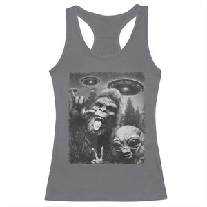 Bigfoot Selfie With Alien Racerback Tank Top UFO Funny Sasquatch Rock On Hand Sign - Print Your Wear