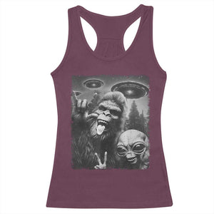 Bigfoot Selfie With Alien Racerback Tank Top UFO Funny Sasquatch Rock On Hand Sign TS10 Maroon Print Your Wear