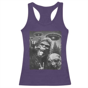 Bigfoot Selfie With Alien Racerback Tank Top UFO Funny Sasquatch Rock On Hand Sign - Print Your Wear