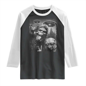Bigfoot Selfie With Alien Raglan Shirt UFO Funny Sasquatch Rock On Hand Sign TS10 Black White Print Your Wear