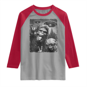 Bigfoot Selfie With Alien Raglan Shirt UFO Funny Sasquatch Rock On Hand Sign TS10 Sport Gray Red Print Your Wear