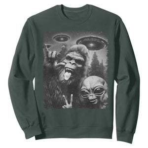 Bigfoot Selfie With Alien Sweatshirt UFO Funny Sasquatch Rock On Hand Sign TS10 Dark Forest Green Print Your Wear
