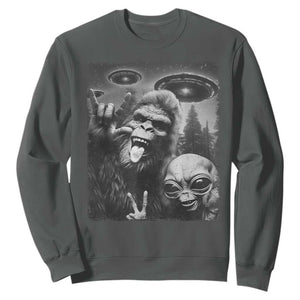 Bigfoot Selfie With Alien Sweatshirt UFO Funny Sasquatch Rock On Hand Sign TS10 Dark Heather Print Your Wear