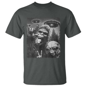 Bigfoot Selfie With Alien T Shirt UFO Funny Sasquatch Rock On Hand Sign TS10 Dark Heather Print Your Wear