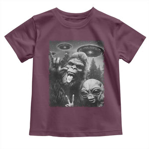 Bigfoot Selfie With Alien Toddler T Shirt UFO Funny Sasquatch Rock On Hand Sign TS10 Maroon Print Your Wear