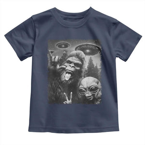 Bigfoot Selfie With Alien Toddler T Shirt UFO Funny Sasquatch Rock On Hand Sign TS10 Navy Print Your Wear
