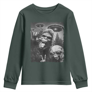 Bigfoot Selfie With Alien Youth Sweatshirt UFO Funny Sasquatch Rock On Hand Sign TS10 Dark Forest Green Print Your Wear