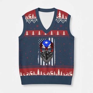 Skull Puerto Rican American Flag V-Neck Knit Sweater Vest With Bandana TS10 Navy Red Print Your Wear