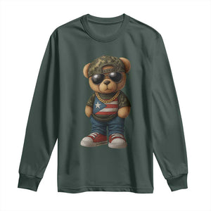 Camo Teddy Bear Puerto Rico Flag Long Sleeve Shirt Camouflage Rican Boricua TS10 Dark Forest Green Print Your Wear