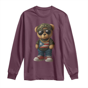 Camo Teddy Bear Puerto Rico Flag Long Sleeve Shirt Camouflage Rican Boricua TS10 Maroon Print Your Wear