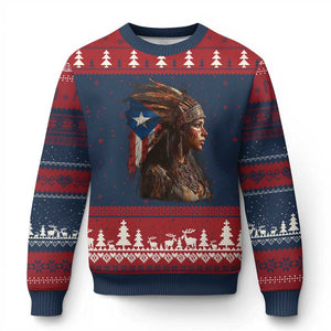 Puerto Rico Taino Warrior Woman Ugly Christmas Sweater Boricua Pride TS10 Navy Red Print Your Wear