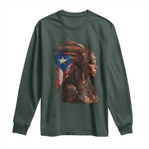 Puerto Rico Taino Warrior Woman Long Sleeve Shirt Boricua Pride TS10 Dark Forest Green Print Your Wear