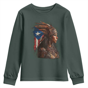 Puerto Rico Taino Warrior Woman Youth Sweatshirt Boricua Pride TS10 Dark Forest Green Print Your Wear