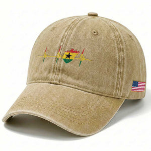 Heart Ghana Flag Washed Cotton Baseball Cap Heartbeat EKG Pulse Proud Ghanaian