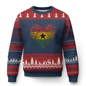 Ghana Flag Heart Ghanaian Flag Ugly Christmas Sweater Heart Fireworks Patriotic Independence Day Celebration Graphic