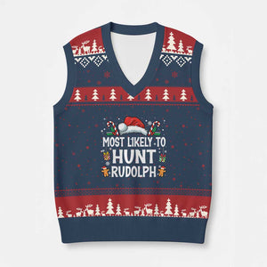 Family Matching Xmas V-Neck Knit Sweater Vest Most Likely To Hunt Rudolph TS10 Navy Red Print Your Wear